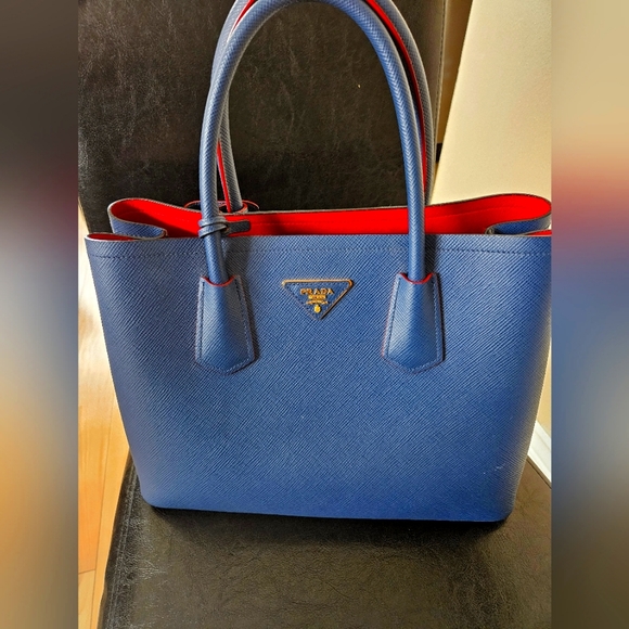 Prada Handbags - PRADA Medium Saffiano Leather Double Bag Bluette/ Fiery Red Authentic with Box!
